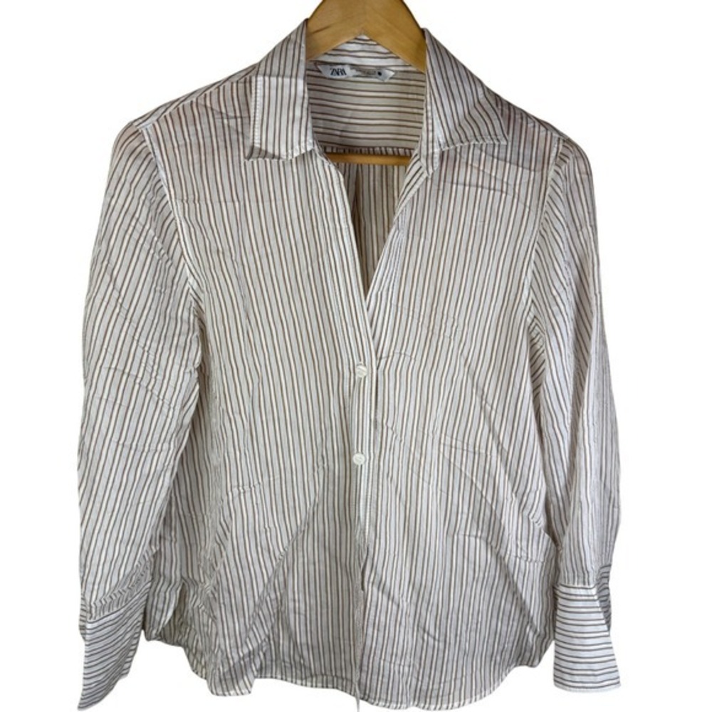 ZARA Women's Striped Button Down Shirt Long Sleeve Classic Fit Button Cuff Work